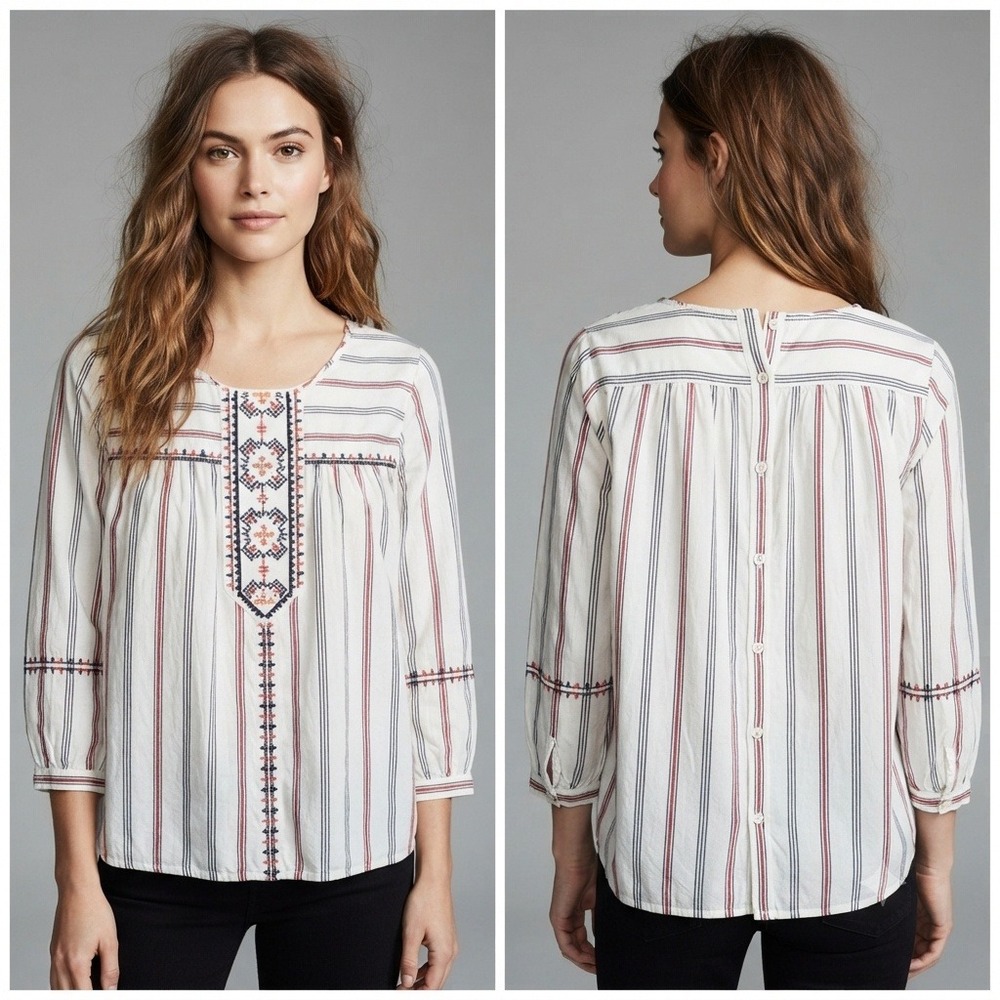 A Loves A Blouse‎ Womens Large Embroidered Striped Cotton Button Back Boho Top
